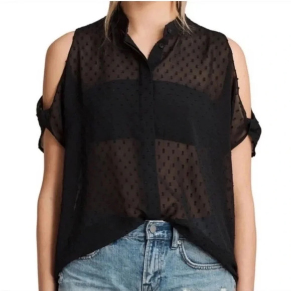 All Saints Irie sheer Swiss dot open shoulder top 17915 - Picture 1 of 10